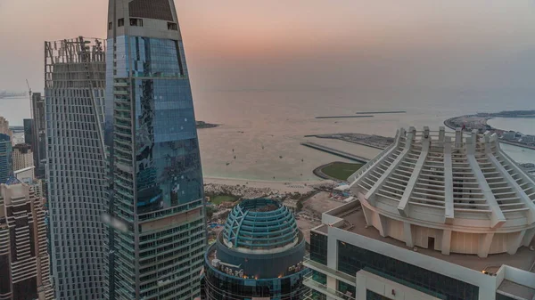 Vista Aérea Atardecer Los Rascacielos Jbr Dubai Marina Edificios Lujo —  Fotos de Stock