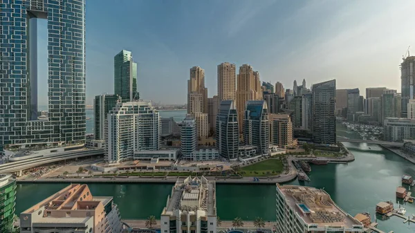Panorama Visar Dubai Marina Med Båtar Och Yachter Parkerade Hamnen — Stockfoto
