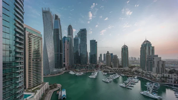 Дубайская Гавань Высочайшие Небоскребы Яхты Гавани Воздушного Утра Timelapse Восхода — стоковое фото
