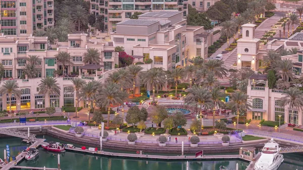 Picturesque Fountain Dubai Marina Promenade Aerial Night Timelapse Palm Yachts — Stock Photo, Image