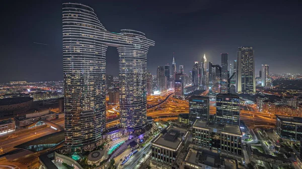 Panorama Met Futuristische Dubai Downtown Financiële Wijk Skyline Luchtfoto Nachtelijke — Stockfoto
