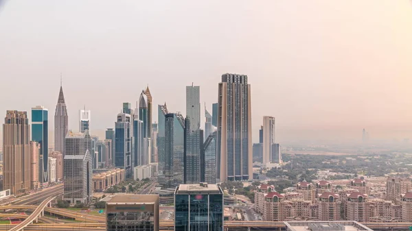 Panorama Dubai Financial Center District Tall Skyscrapers Timelapse Aerial View — Stock Photo, Image