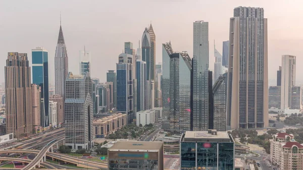 Панорама Дубайського Фінансового Центру Високими Хмарочосами Освітленням Від Ночі Дня — стокове фото