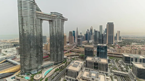 Pnorama Pokazuje Futurystyczny Dubai Downtown Finansową Panoramę Lotniczej Linii Czasu — Zdjęcie stockowe