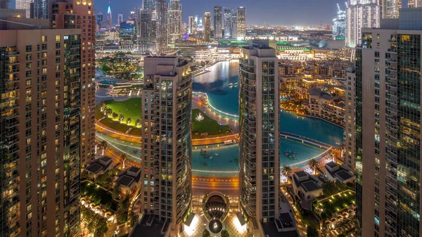 Dubaj Centrum Města Městská Krajina Nejvyššími Mrakodrapy Kolem Fontány Den — Stock fotografie