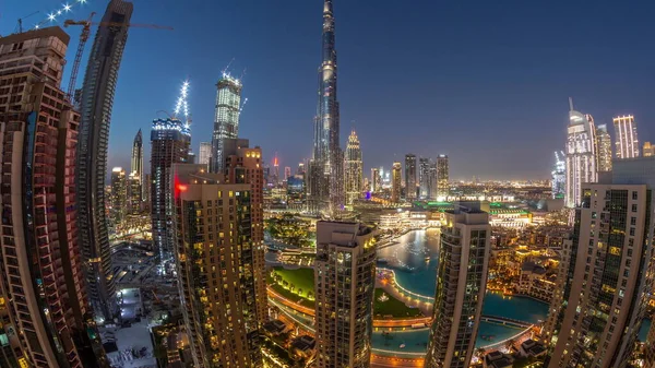 Dubai Downtown City Tallest Skyscrapers Panorama Aerial Day Night Transfer — стоковое фото