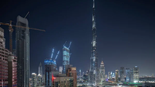 Panorama Ukazuje Letecké Město Noc Timelapse Osvětlenou Architekturou Dubaje Centru — Stock fotografie