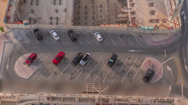 Top View Parking Lot Many Cars Moving Out Timelapse Aerial — Stock Photo, Image