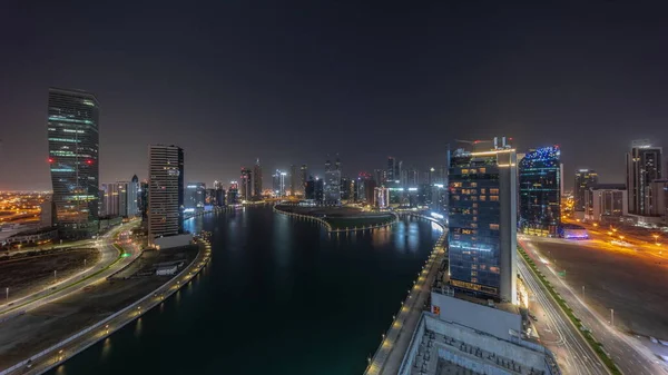 Cityscape Mrakodrapů Dubajském Zálivu Vodním Kanálem Antény Během Nočního Času — Stock fotografie