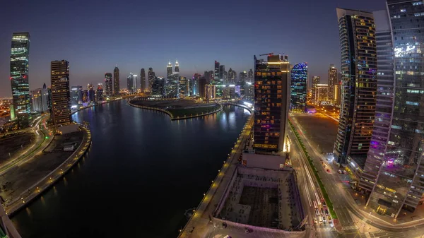 Városkép Panoráma Felhőkarcolók Dubai Business Bay Vízcsatorna Légi Éjszakai Időmérő — Stock Fotó