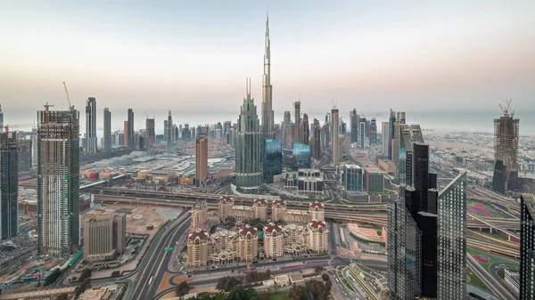 Aerial Panorama Tallest Towers Dubai Downtown Skyline Morning Timelapse Sunrise — Stock Photo, Image