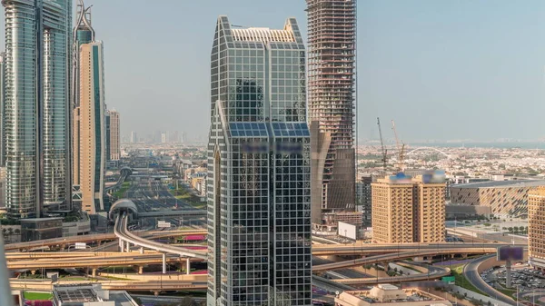 Dubai City Skyline Panoramic View Metro Cars Moving City Busiest — Stock Photo, Image