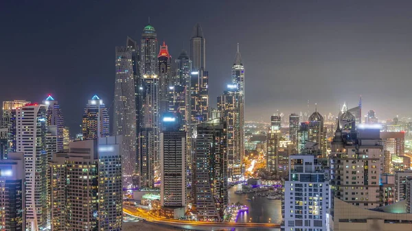 Вид Різні Хмарочоси Найвищому Взаємному Блоці Дубай Марина Вдень Вночі — стокове фото