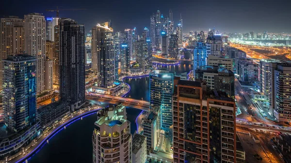 Panorama Pokazuje Różne Drapacze Chmur Najwyższym Bloku Wzajemnym Dubai Marina — Zdjęcie stockowe