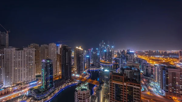 Panorama Verschiedener Wolkenkratzer Höchsten Wohnblock Der Dubai Marina Während Des — Stockfoto