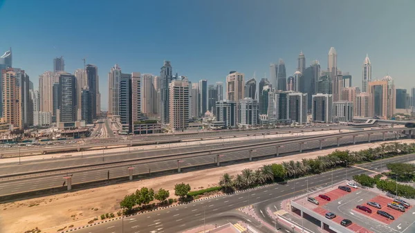 Panoráma Dubai Kikötő Legmagasabb Blokk Felhőkarcolók Timelapse Egész Nap Légi — Stock Fotó