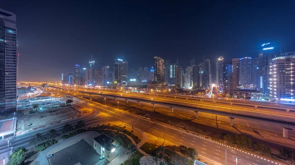 Panorama Wieżowców Dubai Marina Wyłączonymi Światłami Droga Sheikh Zayed Anteną — Zdjęcie stockowe