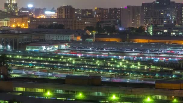 Vista Superior Três Estações Ferroviárias Noite Timelapse Praça Komsomolskaya Moscou — Vídeo de Stock