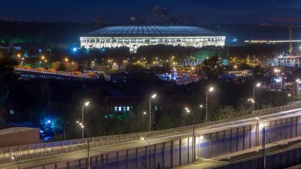 Vista Aérea Del Estadio Iluminado Luzhniki Complejo Timelapse Azotea Moscú — Vídeos de Stock
