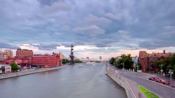 View Patriarch Bridge River Panorama Moscow Day Night Transition Aerial — Stock Video