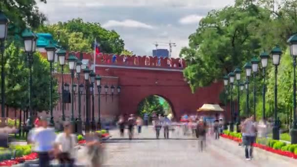 亚力山大花园的景色 莫斯科克里姆林宫受欢迎的旅游地标 俄罗斯时间过去了 开着花的绿树 — 图库视频影像