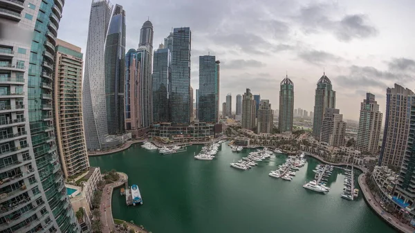 Dubai Marina Högsta Skyskrapor Och Yachter Hamnen Antenn Panorama Före — Stockfoto