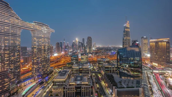 Futurista Dubai Downtown Zona Financeira Panorâmica Skyline Aéreo Dia Noite — Fotografia de Stock