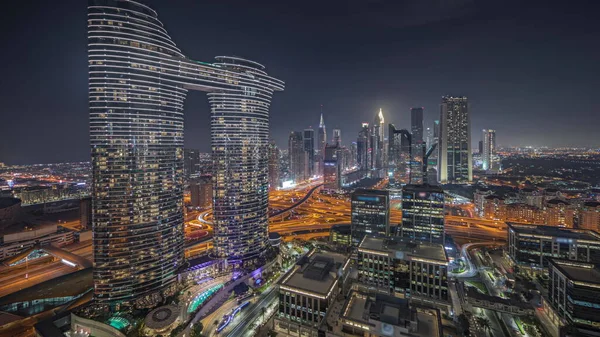 Panorama Showing Futuristic Dubai Downtown Finansial District Skyline Aerial Night — Stok fotoğraf