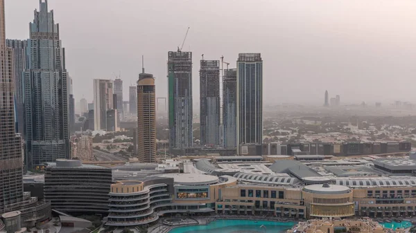 Dubai Downtown Fountains Modern Futuristic Architecture Aerial Night Day Transition — Stock fotografie