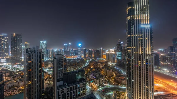 Luchtpanoramisch Uitzicht Stad Gedurende Hele Nacht Met Lichten Uit Schakelen — Stockfoto