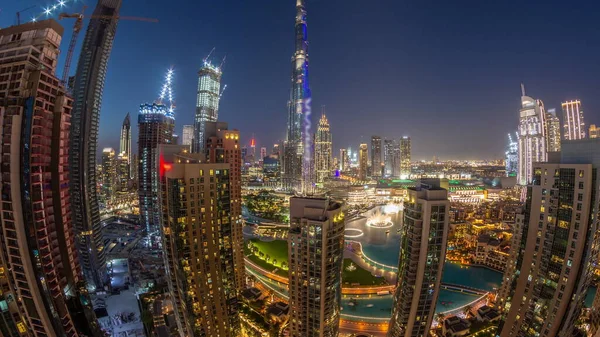 Dubai Downtown Cityscape Ψηλότερους Ουρανοξύστες Πανόραμα Εναέρια Μέρα Νύχτα Μετάβαση — Φωτογραφία Αρχείου
