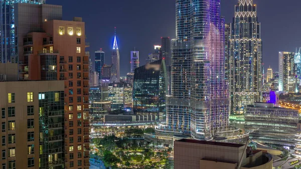 Вид Воздуха Дубайский Международный Финансовый Центр Небоскребы День Ночь Переход — стоковое фото