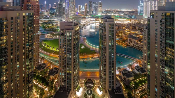 Dubai Downtown Cityscape Tallest Skyscrapers Fountain Aerial Day Night Transition — Stok fotoğraf