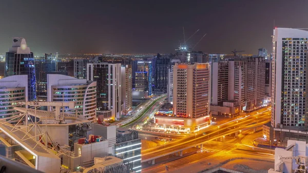Skyscrapers Business Bay Dubai Aerial Day Night Transition Road Intersection — Stock Photo, Image