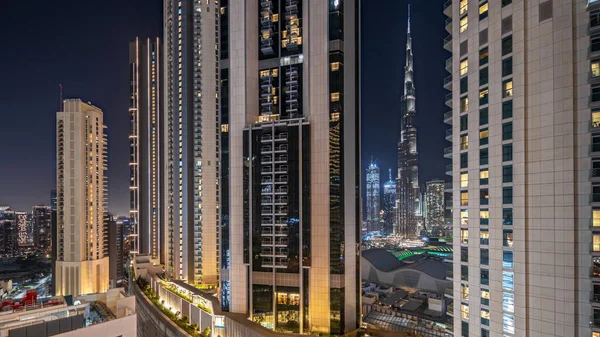 Panorama Viser Høyeste Skyskraperne Løpet Jordtimen Dubai Sentrum Bouleward Street – stockfoto