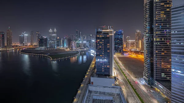 Панорама Показує Міграцію Хмарочосів Дубай Бізнес Бей Повітряною Ніччю Водному — стокове фото
