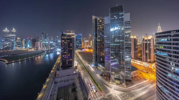 Cityscape Skyscrapers Dubai Business Bay Water Canal Aerial Day Night — Fotografia de Stock