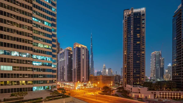 Aerial Panoramic View Dubai Downtown Difc Skyscrapers Busy Traffic Intersection — Stock Photo, Image