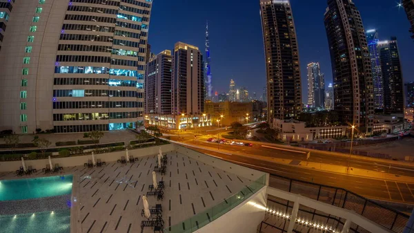 Повітряна Панорама Дубая Центрі Дифракційні Хмарочоси Жвавим Рухом Перетині Діловому — стокове фото