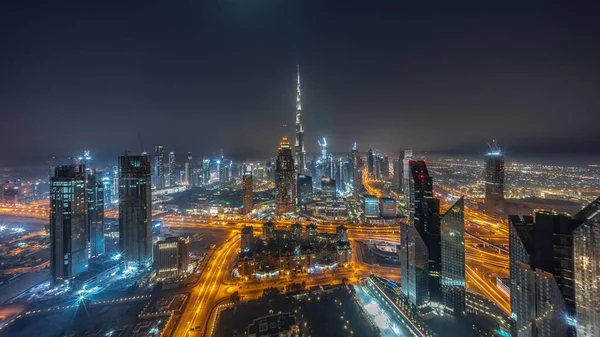 Aerial Panorama Tallest Towers Dubai Downtown Skyline Highway All Night — Stock Photo, Image
