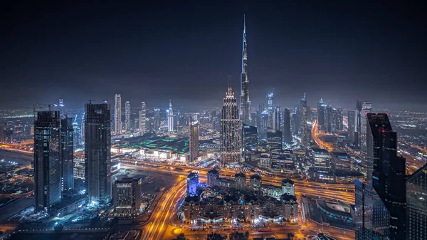 Panorama Showing Aerial View Tallest Towers Dubai Downtown Skyline Highway — Stok fotoğraf