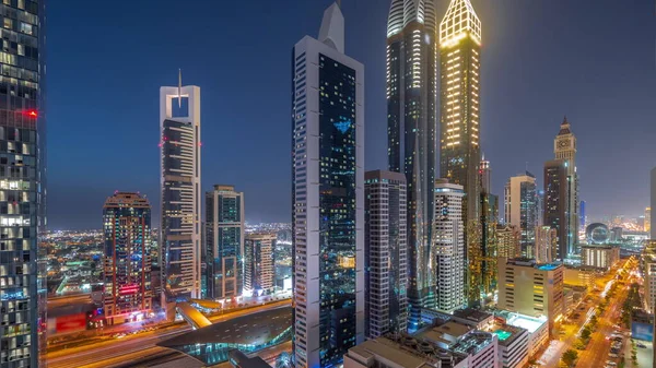 Aerial View Dubai International Financial District Many Skyscrapers Day Night — Stock Photo, Image