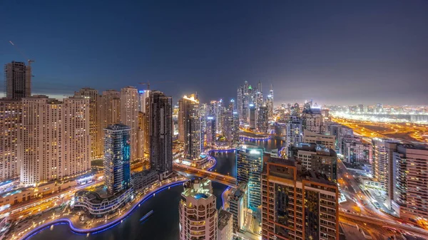 Panorama Verschiedener Wolkenkratzer Höchsten Wohnblock Der Dubai Marina Tag Nacht — Stockfoto