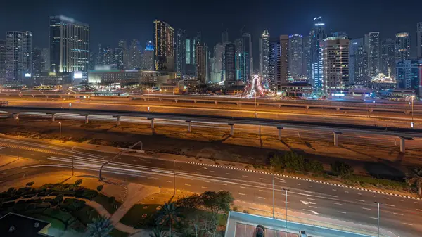 Panorama Showing Dubai Marina Tallest Block Skyscrapers Night Aerial View — Foto Stock