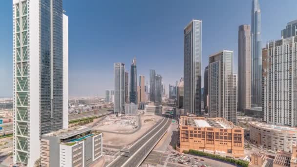 Vista Aérea Horizonte Dubai Downtown Com Muitas Torres Timelapse Tráfego — Vídeo de Stock