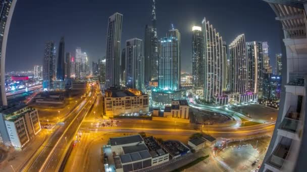 Aerial Panorama Dubai Downtown Skyline Many Illuminated Towers Night Timelapse — Stock Video