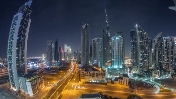 Aerial Panorama Dubai Downtown Skyline Many Illuminated Towers All Night — Stock Video