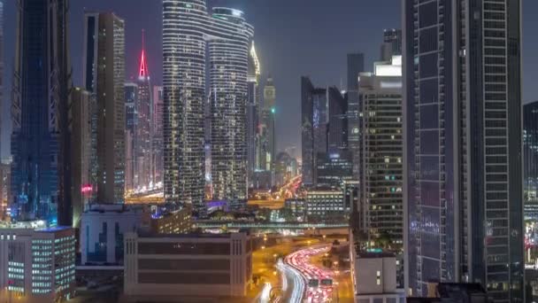 Futuristic Towers Illuminated Skyscrapers Busy Traffic Streets Dubai Downtown Financial — Stock Video