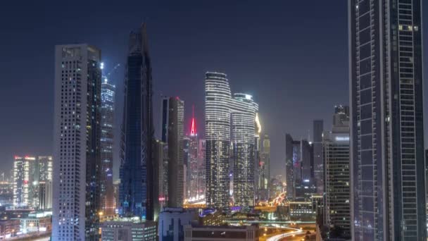 Futuristic Towers Illuminated Skyscrapers Traffic Streets Dubai Downtown Financial District — Stock Video