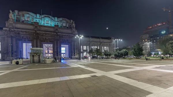 Panorama Showing Milano Centrale Night Timelapse Main Central Railway Station — Stok fotoğraf